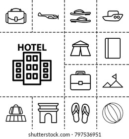 Tourism icons. set of 13 editable outline tourism icons such as luggage belt, passport, helicopter, tent, arc de triomphe, boat, case, camera case, mountain, hotel, flip flops