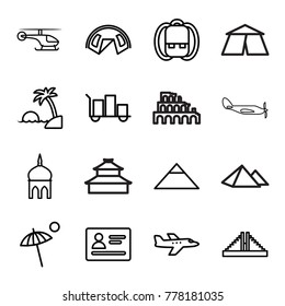 Tourism icons. set of 16 editable outline tourism icons such as passport, mosque, chichen itza, pyramid, luggage, backpack, tent, plane, umbrella, island, helicopter, coliseum