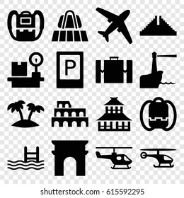 Tourism icons set. set of 16 tourism filled icons such as luggage belt, parking, Chichen Itza, Coliseum, Arc de Triomphe, temple, backpack, pool, lugagge weight, palm