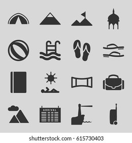 Tourism icons set. set of 16 tourism filled icons such as passport, arrival table, mosque, pyramid, panorama mode, camera case, mountain, swimming pool, man laying in sun