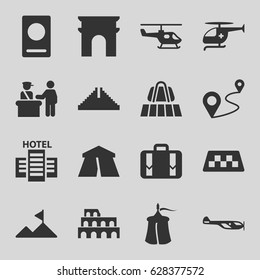 Tourism icons set. set of 16 tourism filled icons such as taxi, luggage belt, pass control, passport, helicopter, Chichen Itza, Coliseum, tent, Arc de Triomphe, distance