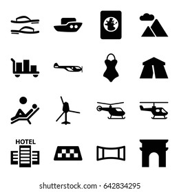 Tourism icons set. set of 16 tourism filled icons such as taxi, helicopter, tent, arc de triomphe, boat, panorama mode, mountain, man laying in the sun, hotel, flip flops