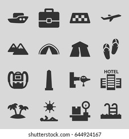Tourism icons set. set of 16 tourism filled icons such as taxi, jetway, tent, monument, boat, backpack, flip flops, lugagge weight, plane, palm, mountain, swimming pool