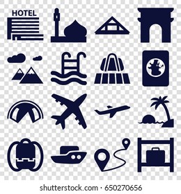 Tourism icons set. set of 16 tourism filled icons such as luggage belt, luggage storage, mosque, arc de triomphe, louvre, boat, distance, plane, swimming pool, hotel, island