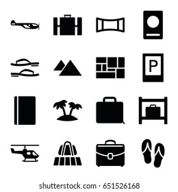 Tourism icons set. set of 16 tourism filled icons such as luggage belt, parking, passport, helicopter, luggage storage, lugagge, case, palm, panorama mode, mountain
