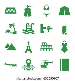 Tourism icons set. set of 16 tourism filled icons such as taxi, passport, jetway, helicopter, coliseum, tent, eiffel tower, map location, medical helicopter, swimming pool