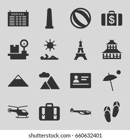 Tourism icons set. set of 16 tourism filled icons such as passport, helicopter, arrival table, pyramid, monument, temple, eiffel tower, flip flops, money case, lugagge weight