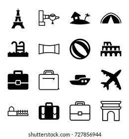 Tourism icons set. set of 16 tourism filled and outline icons such as coliseum, eiffel tower, boat, luggage, home on island, swimming pool, tent, plane, case, jetway