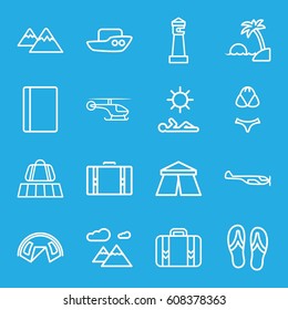 Tourism icons set. set of 16 tourism outline icons such as luggage belt, passport, helicopter, lighthouse, tent, boat, luggage, mountain, man laying in sun, island, flip flops