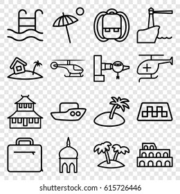 Tourism icons set. set of 16 tourism outline icons such as taxi, jetway, mosque, Coliseum, temple, boat, medical helicopter, case, palm, swimming pool, home on island
