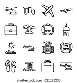 Tourism icons set. set of 16 tourism outline icons such as helicopter, mosque, backpack, plane, case, palm, swimming pool, man laying in sun, hotel, flip flops