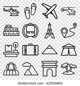 Tourism icons set. set of 16 tourism outline icons such as luggage belt, Coliseum, pyramid, tent, Arc de Triomphe, Eiffel Tower, flip flops, distance, lugagge weight, palm