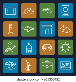 Tourism icons set. set of 16 tourism outline icons such as passport, mosque, lighthouse, arc de triomphe, case, palm, hotel, man laying in the sun, mountain, suitcase, tent