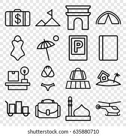 Tourism icons set. set of 16 tourism outline icons such as luggage belt, parking, passport, helicopter, mosque, arc de triomphe, money case, lugagge weight, camera case