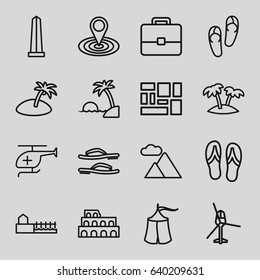 Tourism icons set. set of 16 tourism outline icons such as coliseum, monument, flip flops, map location, lugagge, medical helicopter, palm, mountain, avenue, island, tent