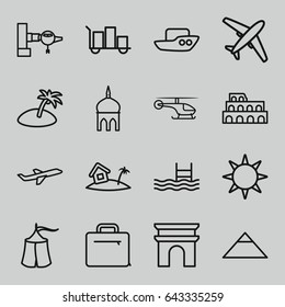 Tourism icons set. set of 16 tourism outline icons such as jetway, mosque, coliseum, pyramid, arc de triomphe, boat, pool, plane, case, home on island, hotel, island