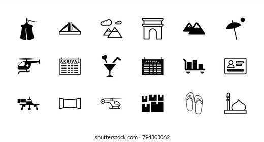 Tourism icons. set of 18 editable filled and outline tourism icons: arrival table, luggage, cocktail, medical helicopter, mountain, umbrella, tent, passport, mosque