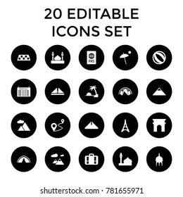 Tourism icons. set of 20 editable filled tourism icons such as arrival table, mosque, chichen itza, pyramid, arc de triomphe. best quality tourism elements in trendy style.