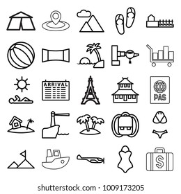 Tourism icons. set of 25 editable outline tourism icons such as jetway, helicopter, arrival table, temple, flip flops, backpack, beach ball, palm, panorama mode, mountain