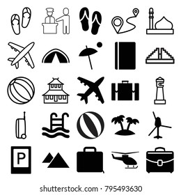 Tourism icons. set of 25 editable filled and outline tourism icons such as parking, passport, case, palm, swimming pool, umbrella, mountain, flip flops, suitcase, tent, plane