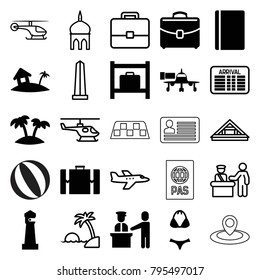 Tourism icons. set of 25 editable filled and outline tourism icons such as passport, luggage storage, lighthouse, case, palm, home on island, swimsuit, suitcase, pass control