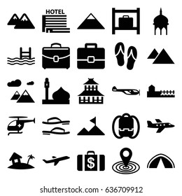 Tourism icons set. set of 25 tourism filled icons such as helicopter, luggage storage, mosque, pyramid, temple, money case, map location, pool, plane, medical helicopter, case