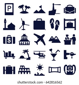 Tourism icons set. set of 25 tourism filled icons such as parking, pass control, jetway, luggage storage, mosque, coliseum, temple, backpack, money case, cocktail, case, palm