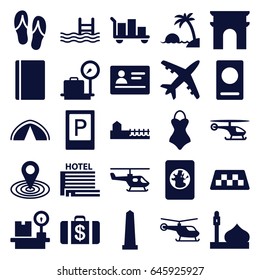 Tourism icons set. set of 25 tourism filled icons such as taxi, parking, passport, helicopter, lugagge weight, mosque, arc de triomphe, monument, money case, map location