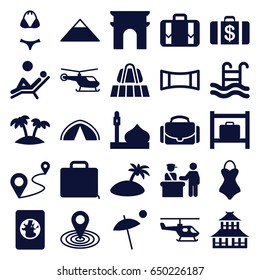 Tourism icons set. set of 25 tourism filled icons such as luggage belt, pass control, helicopter, luggage storage, mosque, pyramid, arc de triomphe, temple, money case