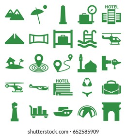 Tourism icons set. set of 25 tourism filled icons such as jetway, helicopter, luggage storage, lugagge weight, mosque, chichen itza, lighthouse, arc de triomphe, monument