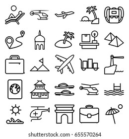 Tourism icons set. set of 25 tourism outline icons such as helicopter, mosque, arc de triomphe, temple, backpack, pool, distance, lugagge weight, plane, medical helicopter