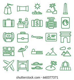 Tourism icons set. set of 25 tourism outline icons such as luggage belt, pass control, passport, helicopter, luggage storage, arc de triomphe, monument, backpack, money case