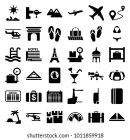 Tourism icons. set of 36 editable filled tourism icons such as jetway, arrival table, luggage storage, lugagge weight, eiffel tower, flip flops, money case, plane, distance