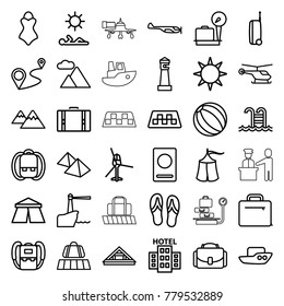 Tourism icons. set of 36 editable outline tourism icons such as taxi, luggage belt, passport, helicopter, lugagge weight, lighthouse, tent, boat, backpack, beach ball