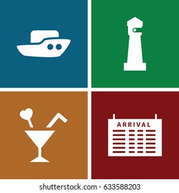 Tourism icons set. set of 4 tourism filled icons such as arrival table, lighthouse, boat