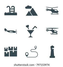 Tourism icons. set of 9 editable filled tourism icons such as helicopter, lighthouse, cocktail, mountain, swimming pool, distance