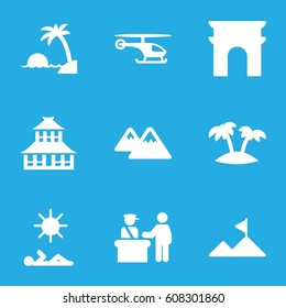 Tourism icons set. set of 9 tourism filled icons such as pass control, Arc de Triomphe, temple, palm, mountain, man laying in sun, island