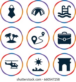 Tourism icons set. set of 9 tourism filled icons such as arc de triomphe, distance, case, palm, swimming pool, man laying in sun, swimsuit, helicopter