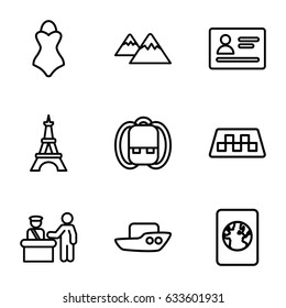 Tourism icons set. set of 9 tourism outline icons such as taxi, pass control, passport, eiffel tower, boat, mountain, swimsuit