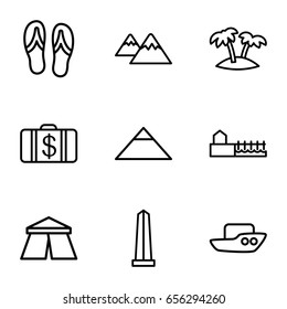 Tourism icons set. set of 9 tourism outline icons such as pyramid, tent, monument, boat, money case, palm, mountain, avenue