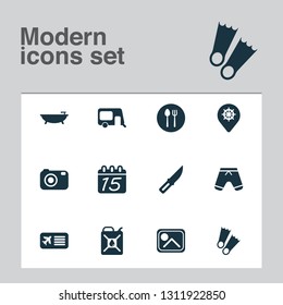 Tourism icons set with airplane ticket, shorts, knife and other caravan elements. Isolated vector illustration tourism icons.