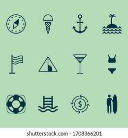 Tourism icons set with anchor, ice cream, currency exchange and other camping house elements. Isolated vector illustration tourism icons.
