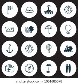 Tourism icons set with anchor, roadmap, island pin elements. Isolated vector illustration tourism icons.