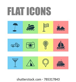 Tourism icons set with aperitif, sail ship, pin and other street elements. Isolated vector illustration tourism icons.