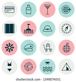 Tourism icons set with bag on cart, compass, camera and other sunrise elements. Isolated vector illustration tourism icons.