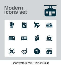 Tourism icons set with bus ticket, certification, flip flops and other silverware elements. Isolated vector illustration tourism icons.