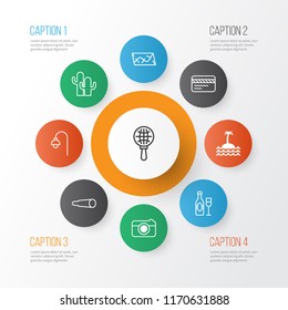 Tourism icons set with cactus, street light, island globe search elements. Isolated vector illustration tourism icons.