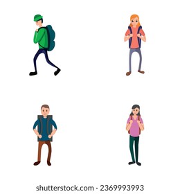 Tourism icons set cartoon vector. Male and female character with backpack. Equipment, accessory