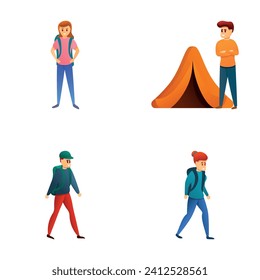 Tourism icons set cartoon vector. Group of tourist with backpack and tent. Outdoor recreation
