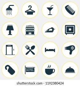 Tourism icons set with cocktail, hotel, lamp and other martini elements. Isolated vector illustration tourism icons.